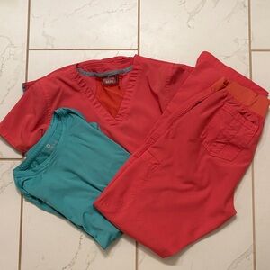 Med Couture Coral Scrub Top with Teal long sleeve undershirt set